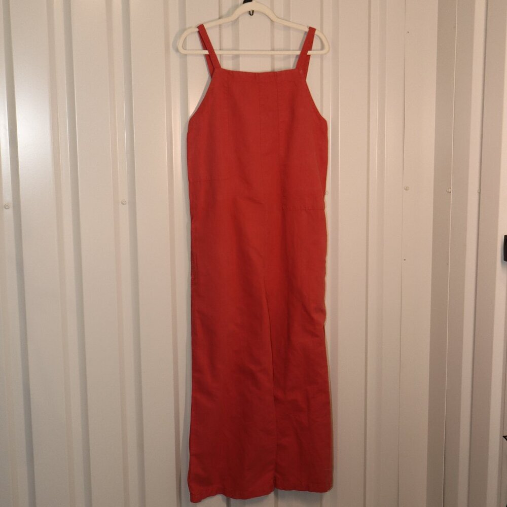 LACAUSA Womens Linen Cotten Rust Red Jumpsuit Back Button Sleeveless Size Med